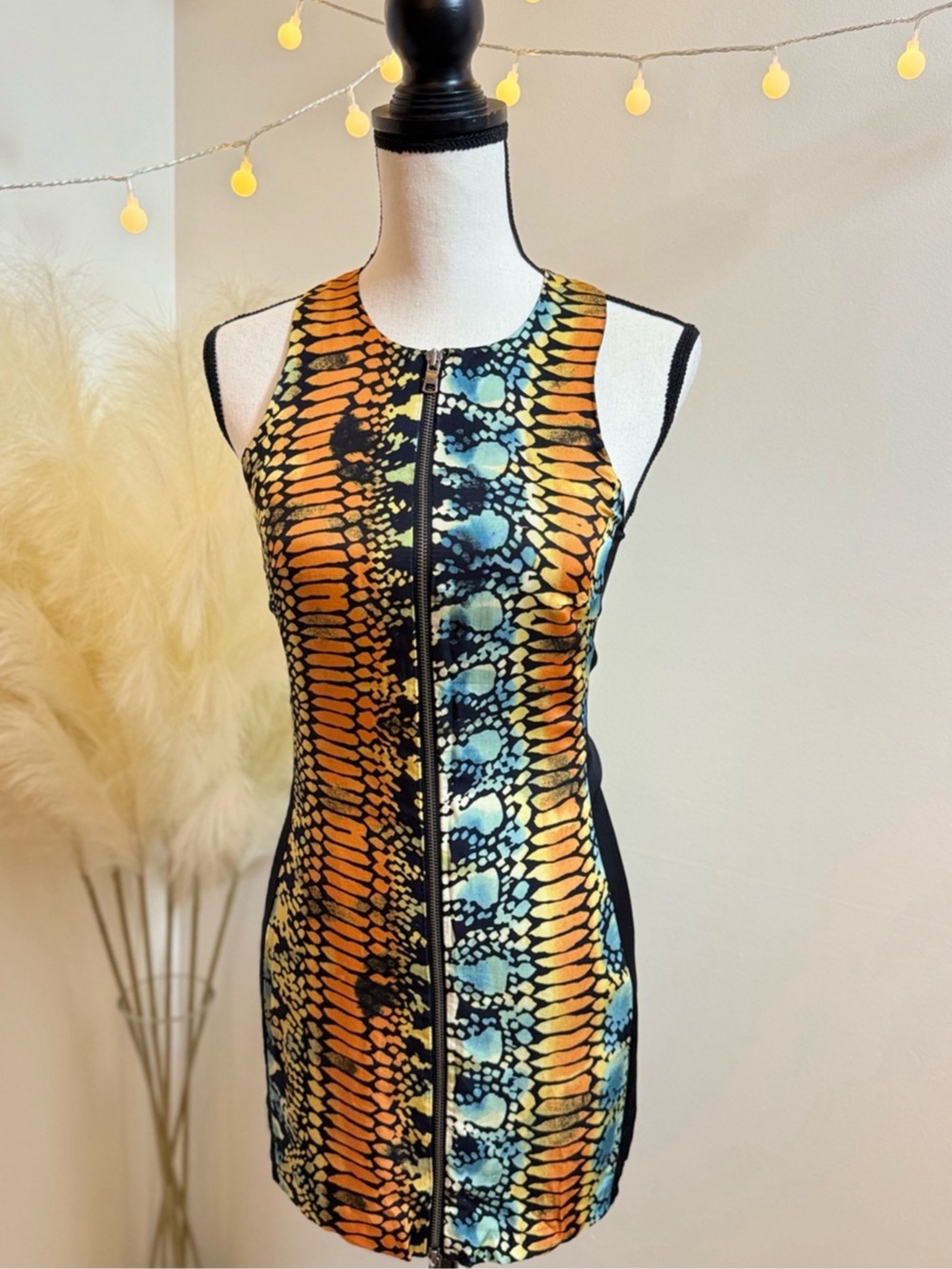 🌾 Armani Exchange Animal Print Mini Dress Orange & Blue Size 0 Like New